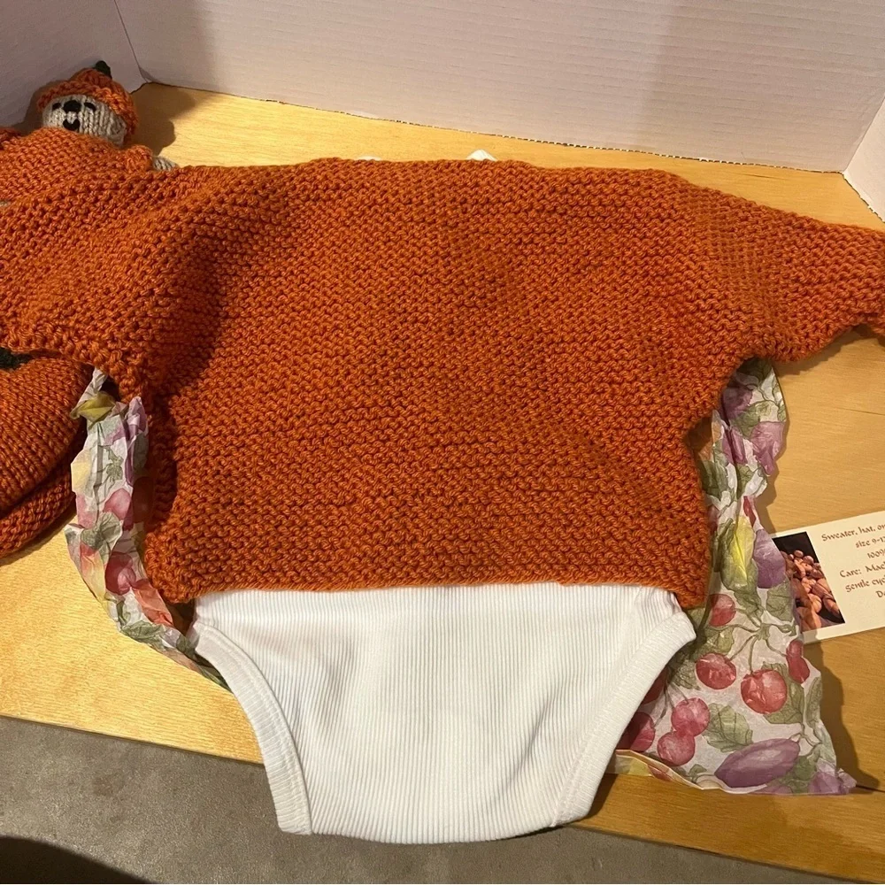 Baby Knit Orange Pumpkin Hat Sweater Bodysuit Set 9-12 Months Photo Prop Outfit